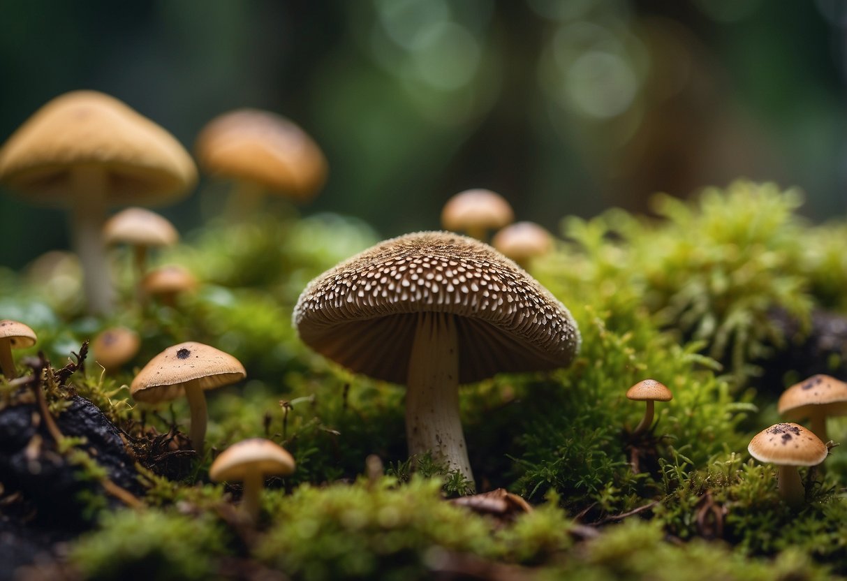 A moss-covered mushroom sits among a garden of various mushrooms, creating a whimsical and enchanting scene