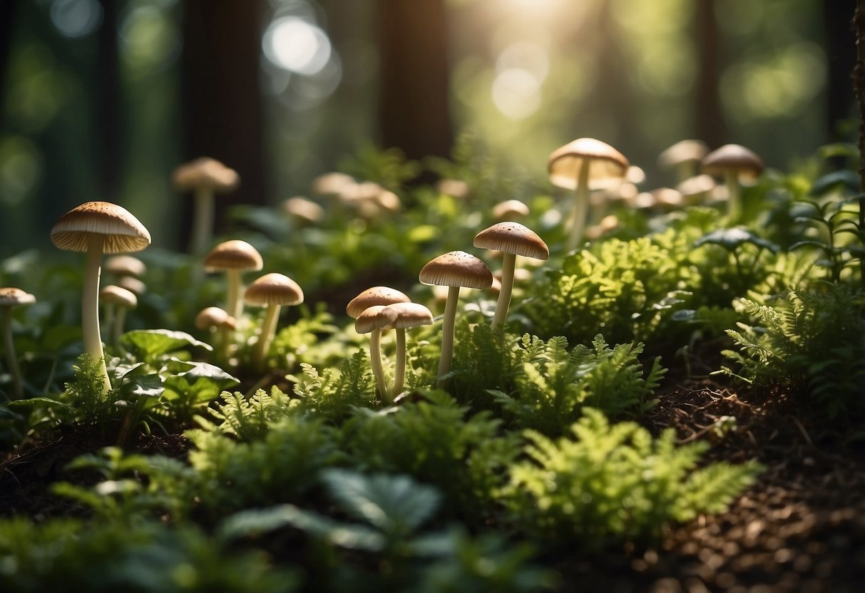 Lush green garden with various types of mushrooms growing in neatly arranged beds, surrounded by tall trees and dappled sunlight filtering through the leaves