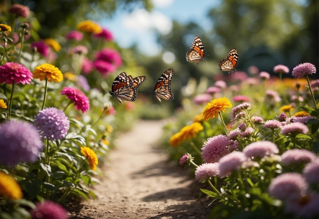 A vibrant garden with fluttering butterflies, colorful flowers, and winding paths. A sign reads "Butterfly Haven" in elegant script