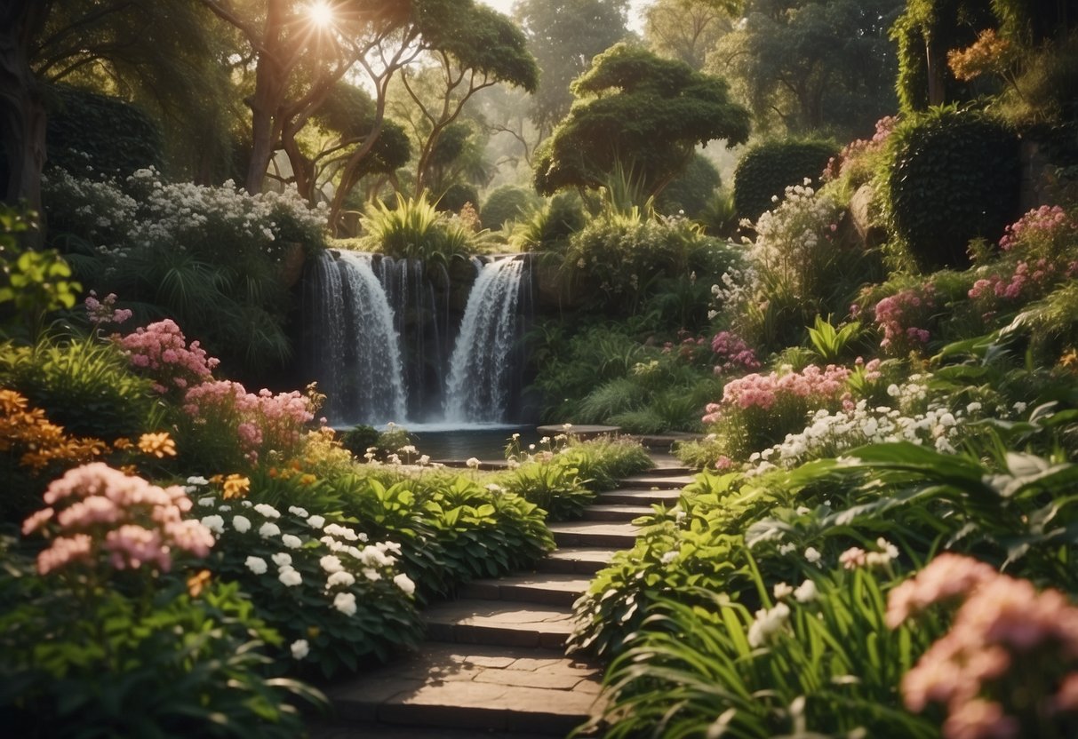 A lush oasis with vibrant flowers, winding paths, and sparkling waterfalls. The air is filled with the sweet scent of blossoms and the sound of birdsong