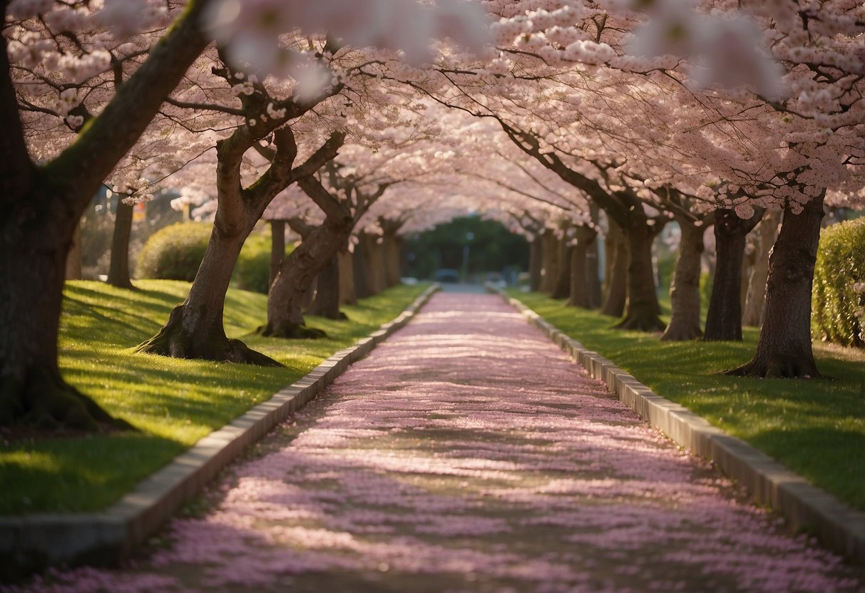 A colorful garden path winds through a tunnel of blooming cherry blossom trees, creating a picturesque and serene atmosphere for visitors to enjoy