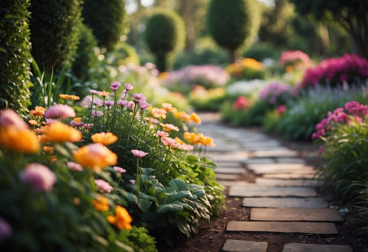 Lush garden with colorful petals, winding paths, and serene atmosphere. Sign reads "Petal Paradise" in elegant script