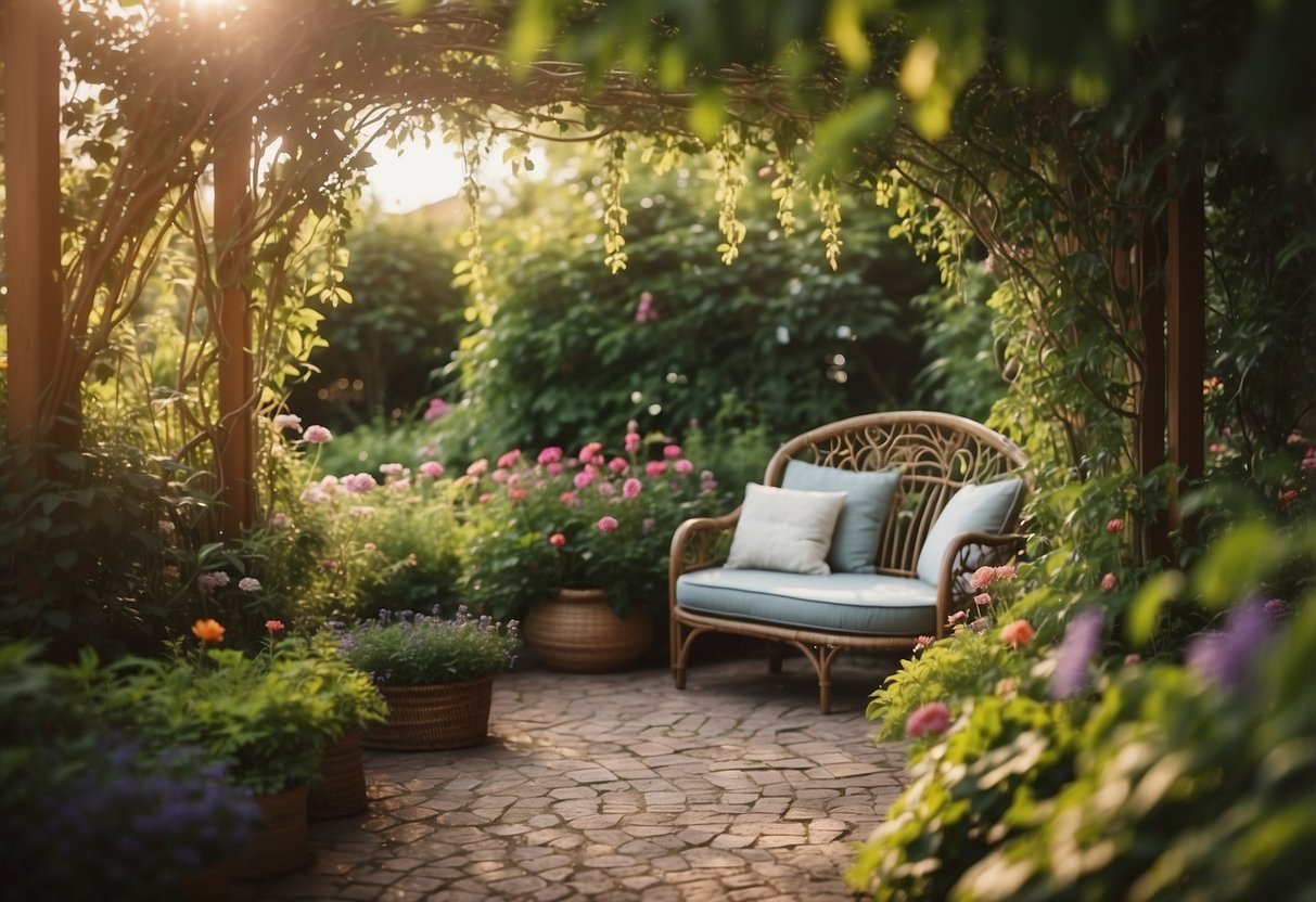 A lush garden with vibrant flowers, winding paths, and a cozy seating area under a canopy of blooming vines