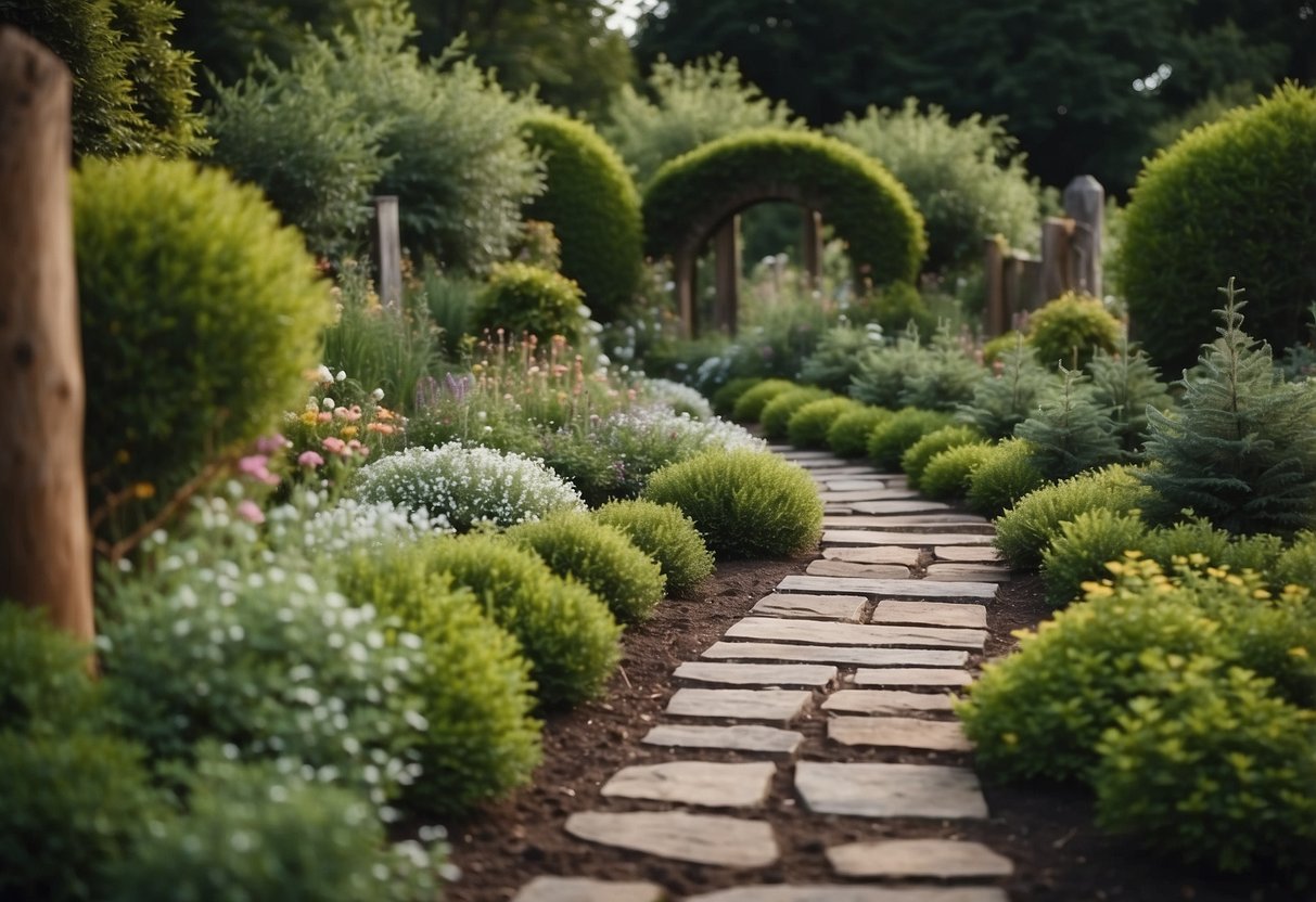 A cozy garden with lush evergreen plants, a winding stone path, and a rustic wooden sign with various name ideas for the garden