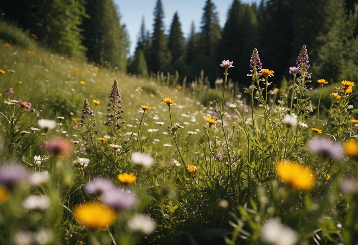 A vibrant wildflower meadow in a Norwegian garden, with a variety of colorful blooms and lush greenery, surrounded by tall trees and a serene, natural atmosphere