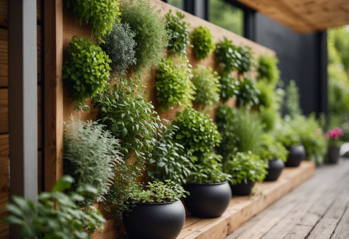 A vertical herb garden in a Norway garden, with lush green plants growing in tiers against a wooden backdrop