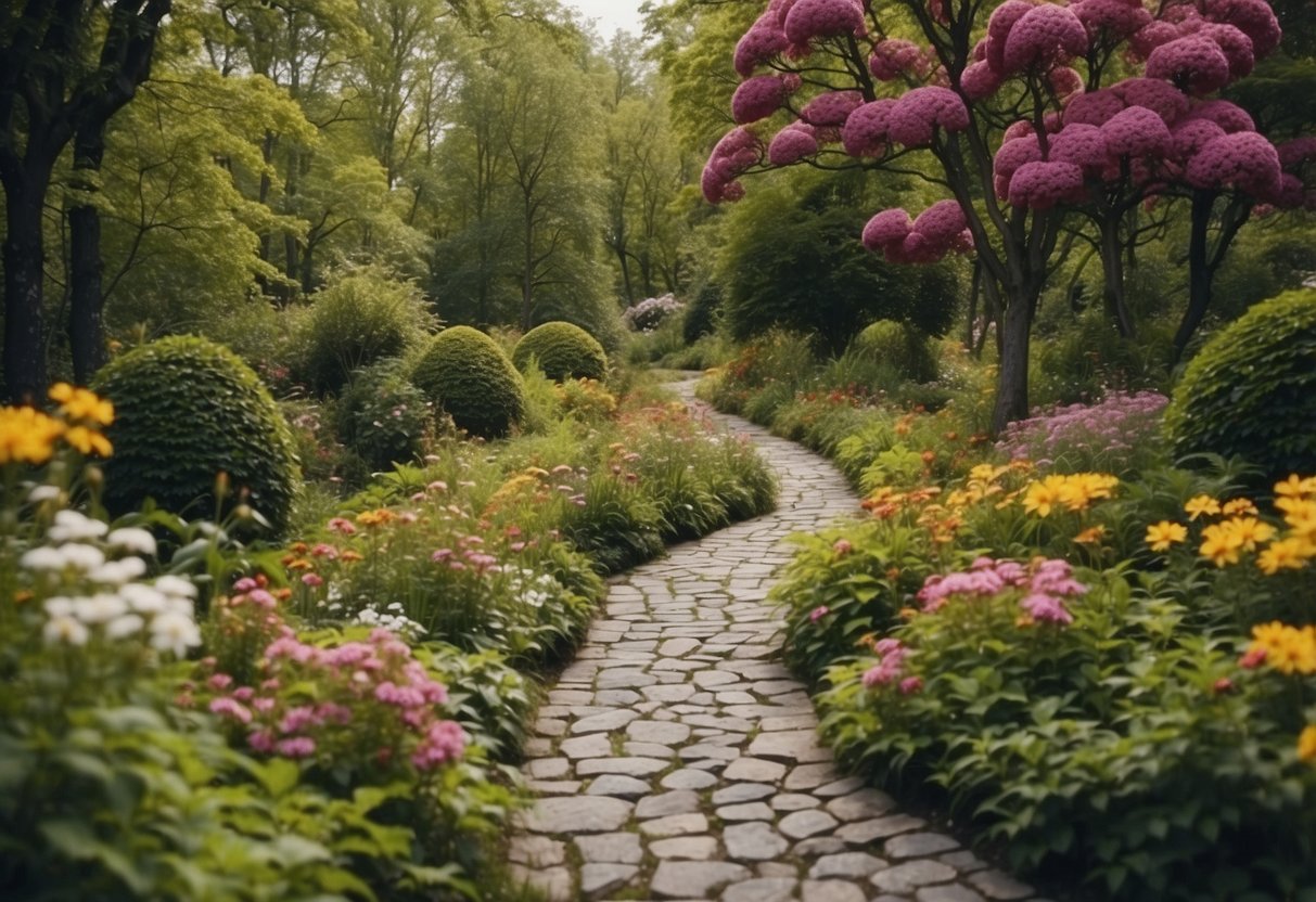 A winding stone pathway leads through a lush Norwegian garden, surrounded by colorful flowers and tall, swaying trees