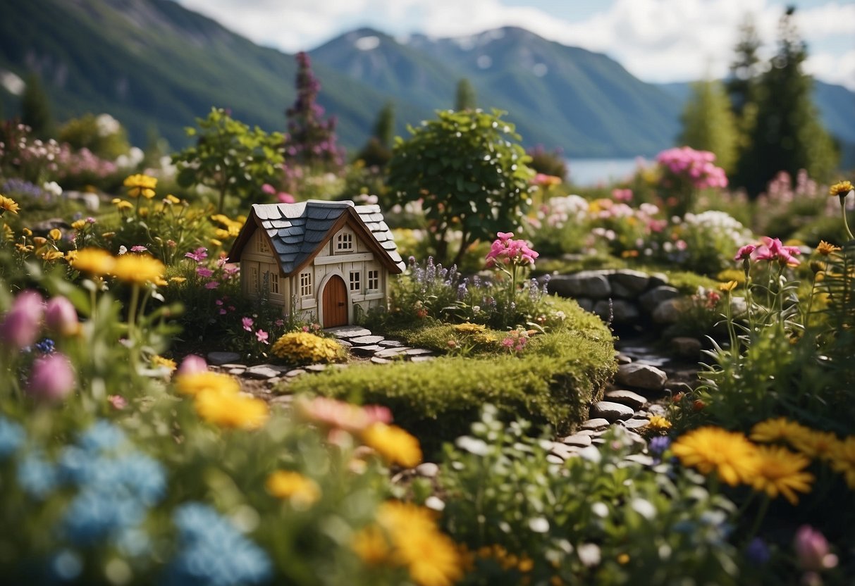 A hidden fairy garden nestled among vibrant flowers and lush greenery in a tranquil Norwegian landscape