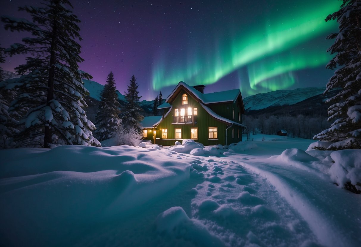 Vibrant green and purple lights dance across a snowy Norwegian garden, illuminating the landscape with an enchanting Aurora Borealis light show