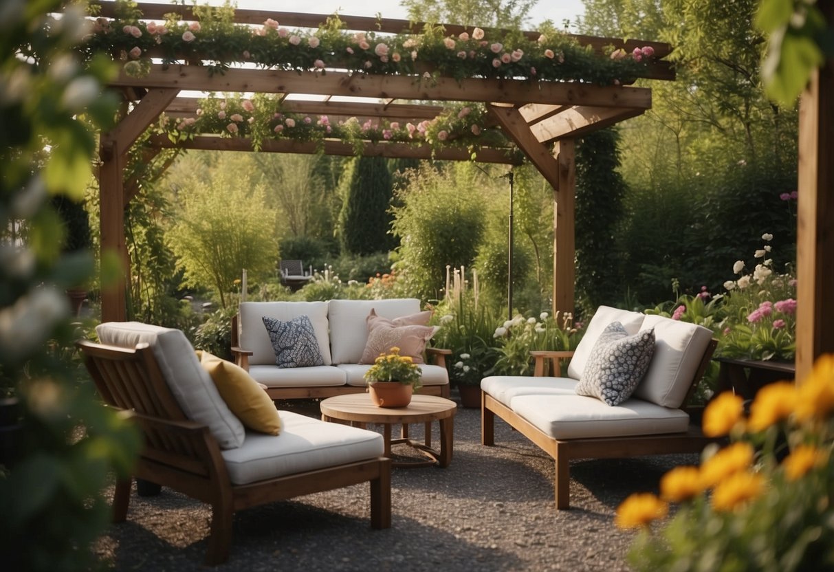 A cozy pergola lounge nestled in a lush Norway garden, with comfortable seating, soft lighting, and surrounded by blooming flowers and greenery