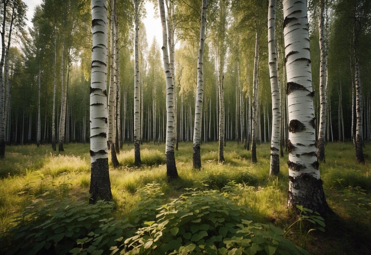 A serene grove of white birch trees stands tall in a Norwegian garden, creating a tranquil and picturesque scene