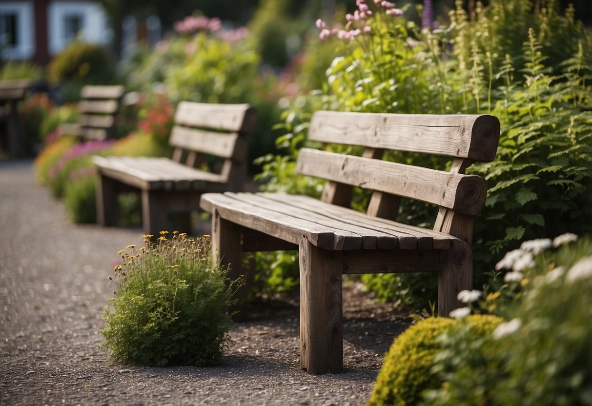 Rustic wooden benches arranged in a serene Norwegian garden setting