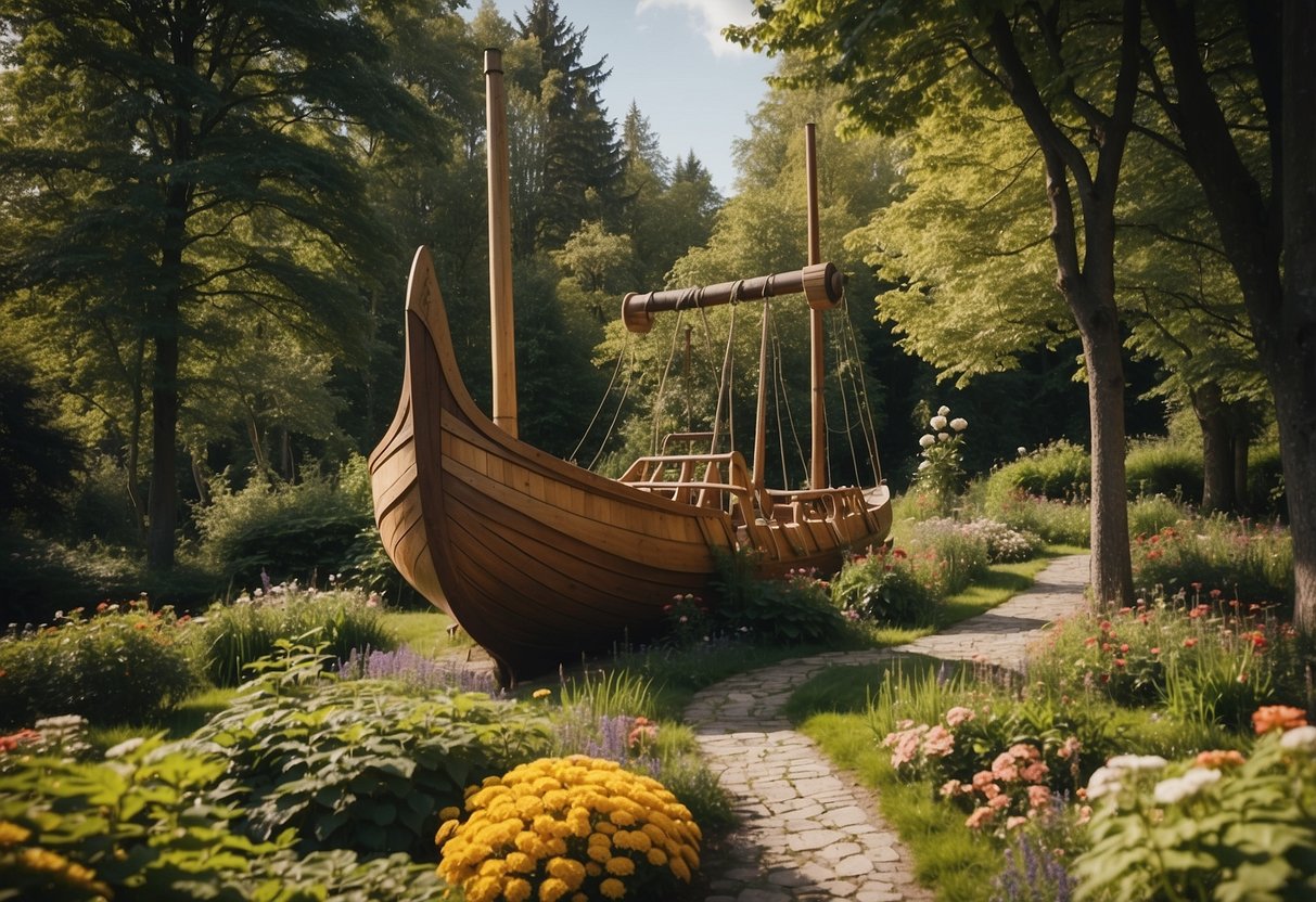 A Viking ship play structure stands in a lush Norway garden, surrounded by vibrant flowers and tall trees