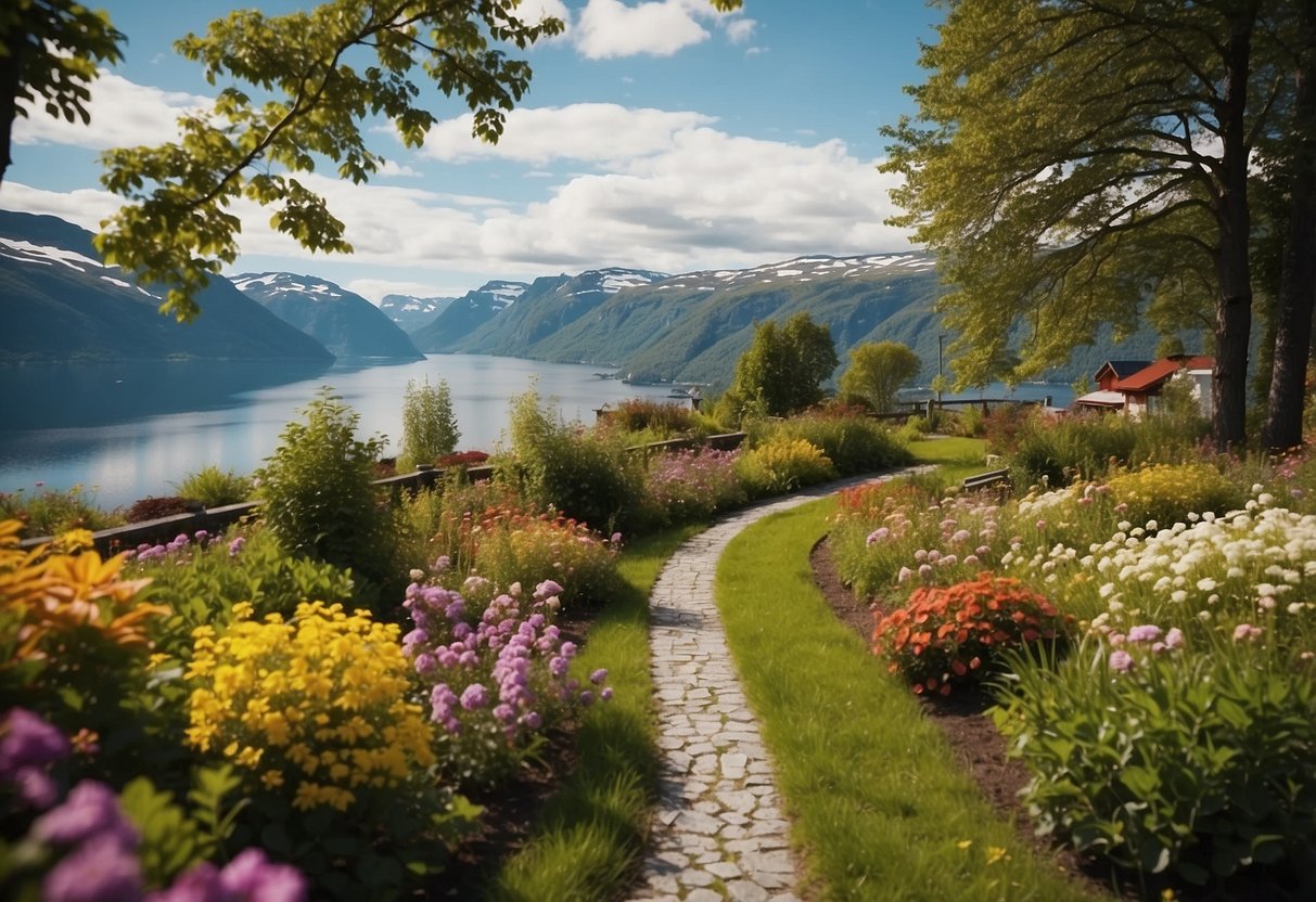 A serene Norway garden with colorful flowers, meandering paths, and a picturesque view of fjords and mountains in the background