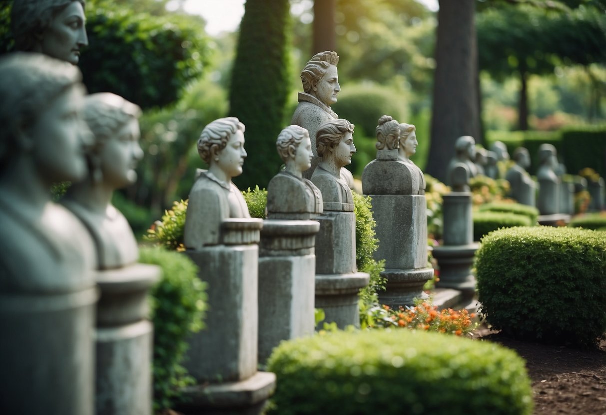 A serene garden with statues surrounded by lush greenery, no mulch in sight