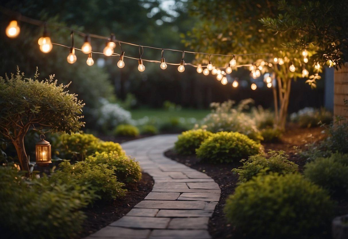 A well-lit garden with no mulch, featuring string lights hung from trees, solar-powered lanterns, and spotlights illuminating plants and pathways