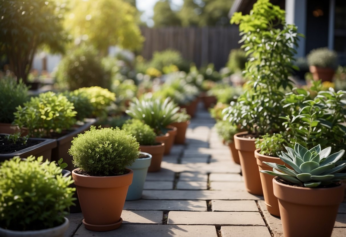 A variety of potted plants arranged in a garden, with no mulch on the ground