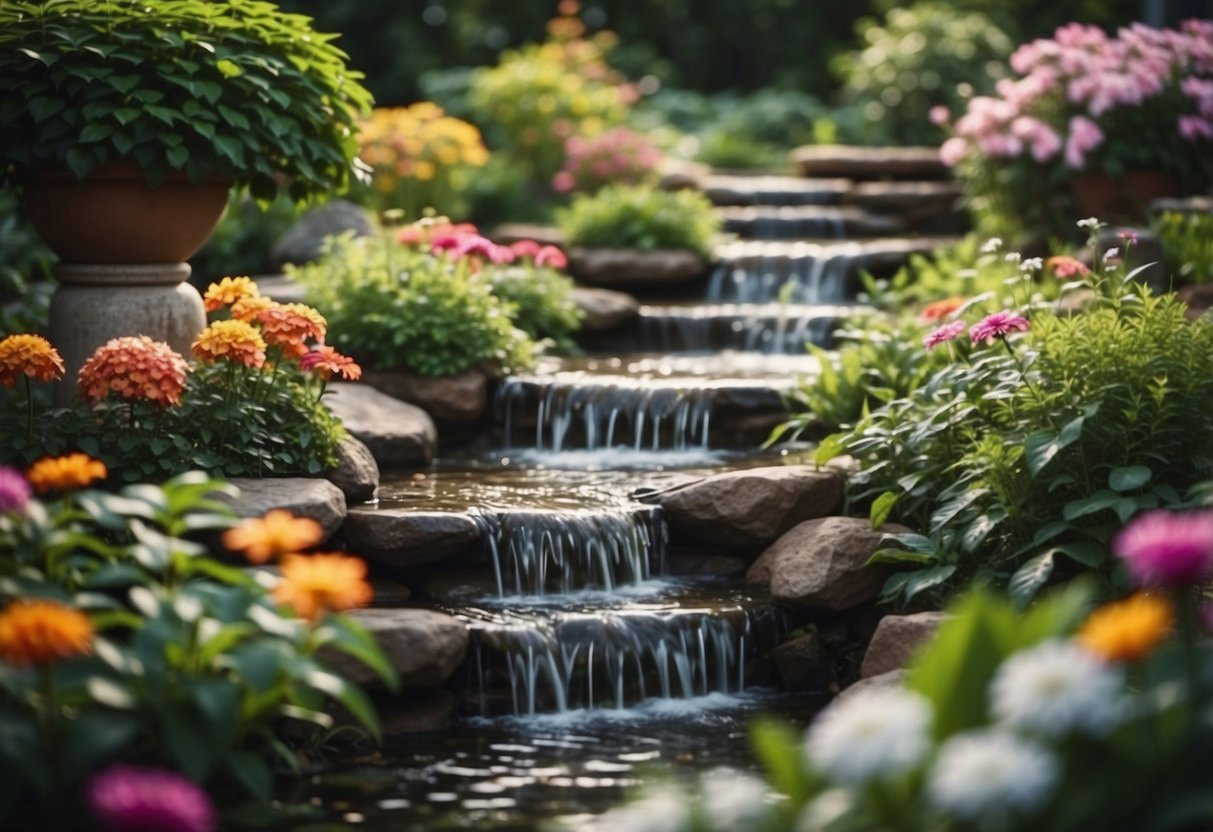 A serene garden with flowing water features, surrounded by lush greenery and vibrant flowers, all without any mulch