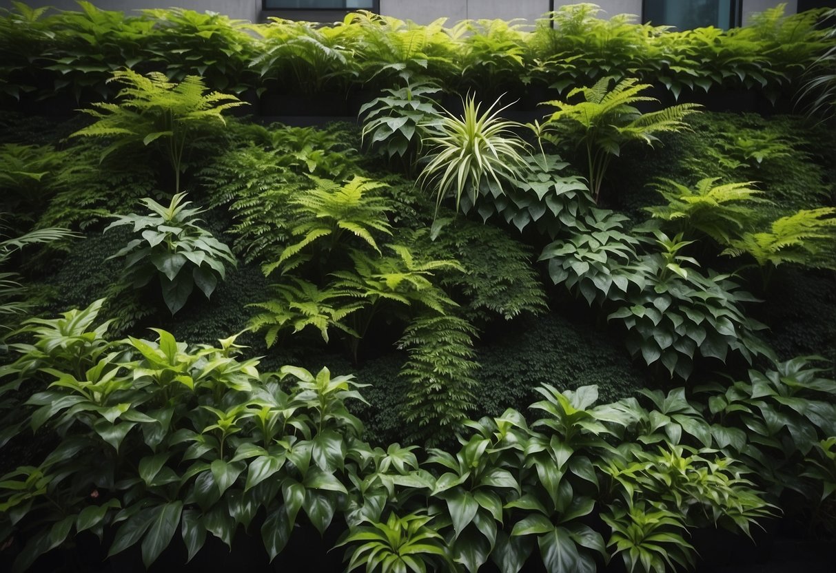 Lush green plants climb up the walls in a vertical garden, with no mulch in sight. The vibrant foliage creates a stunning display of natural beauty