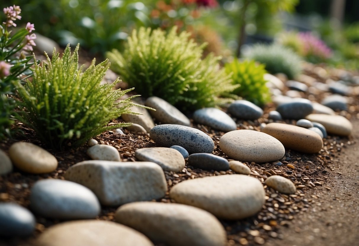 A garden filled with decorative stones, no mulch. Various sizes and colors arranged around plants and pathways