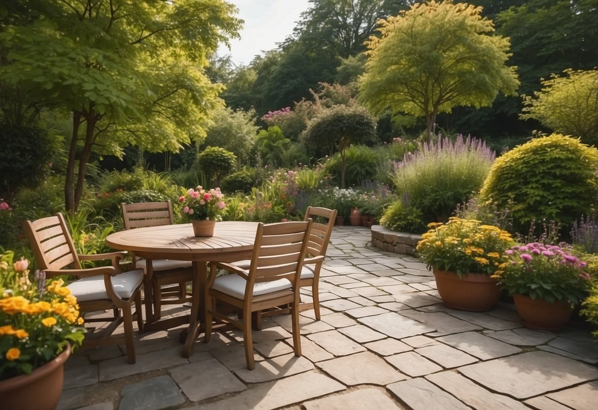 A wooden table and chairs sit on a stone patio surrounded by lush green plants and colorful flowers. No mulch is present, giving the garden a clean and natural look