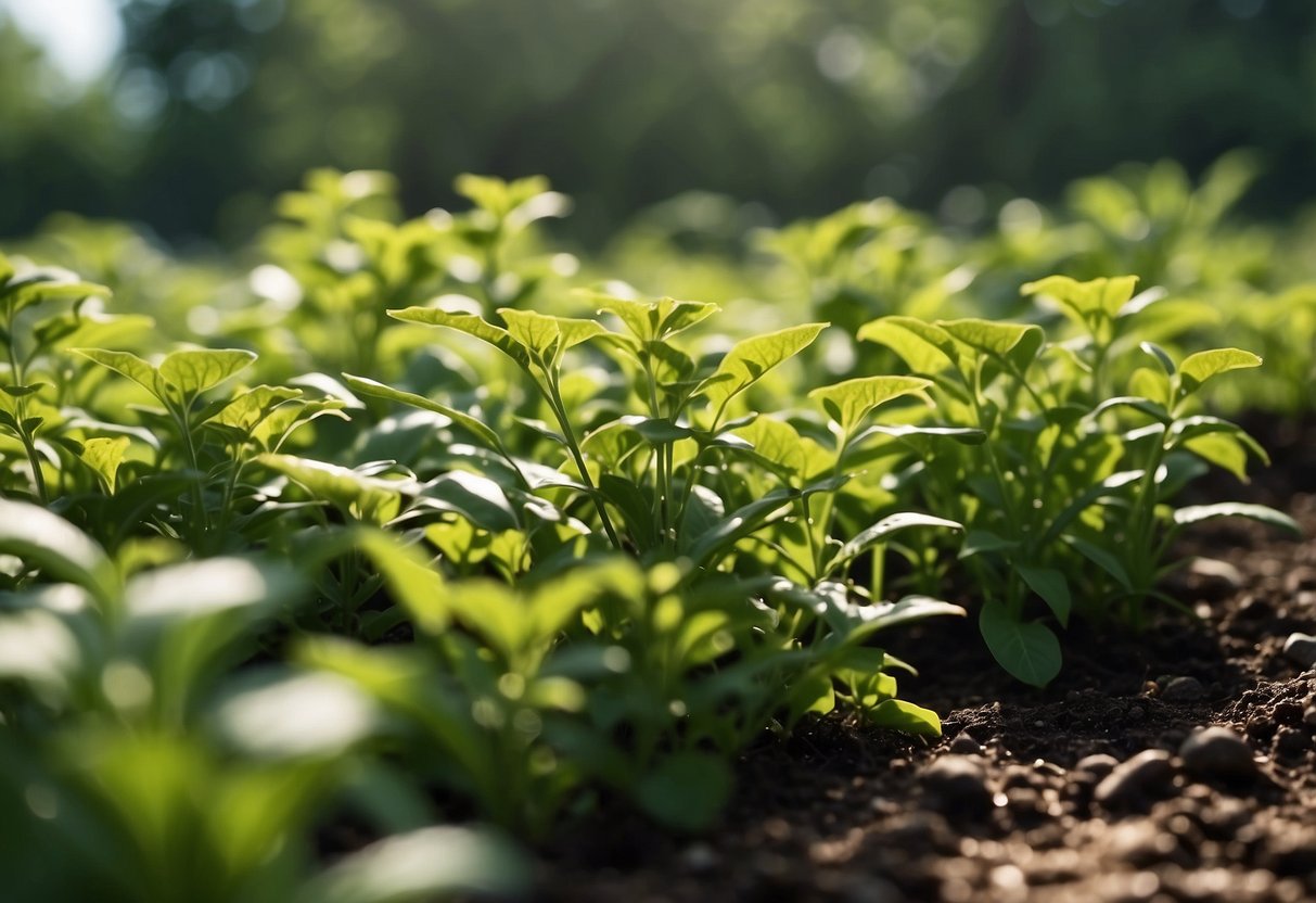 Lush green plants thrive in a no-mulch garden, with soil rich and moist. Sunlight filters through the open space, highlighting the natural beauty