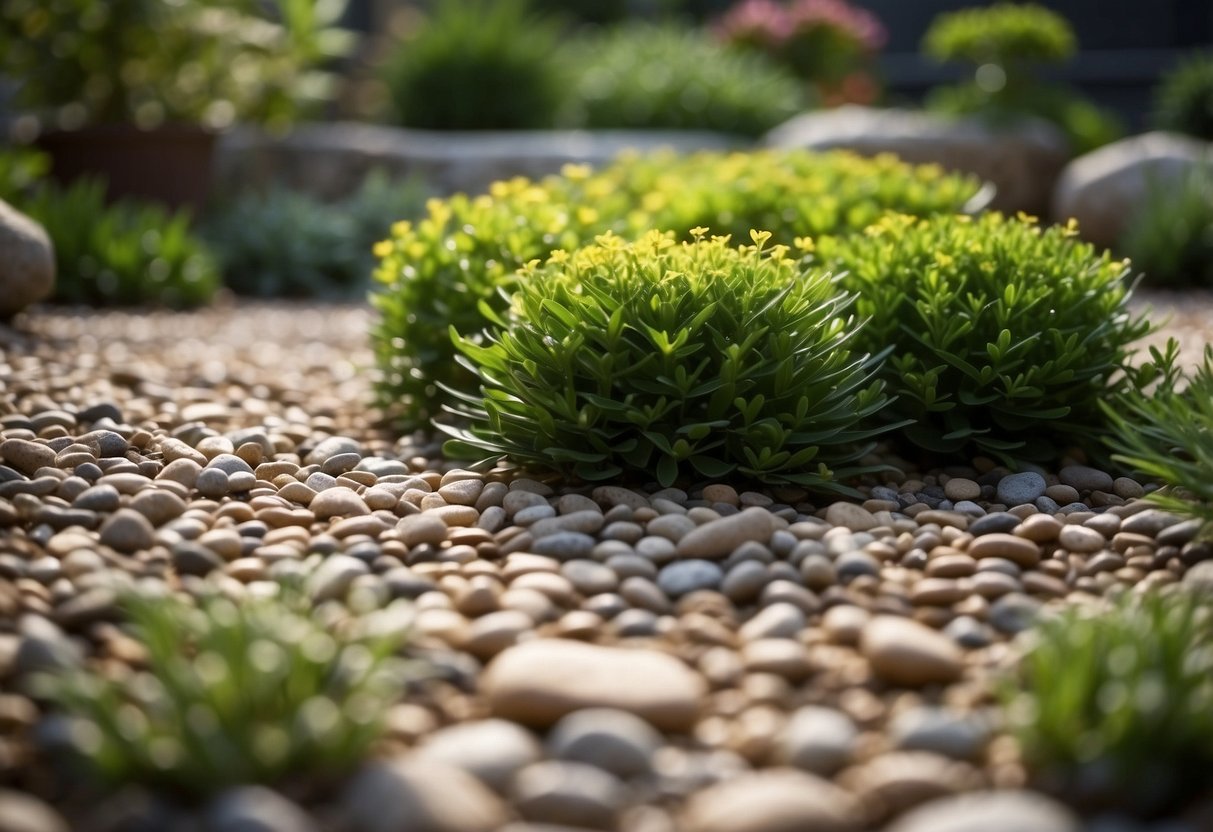 A garden with alternative ground cover like gravel, stones, or ground covers, with no mulch in sight