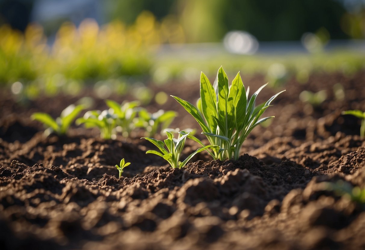 A garden with bare soil, neatly arranged plants, and a drip irrigation system. No mulch is present, allowing the soil to breathe and reducing weed growth