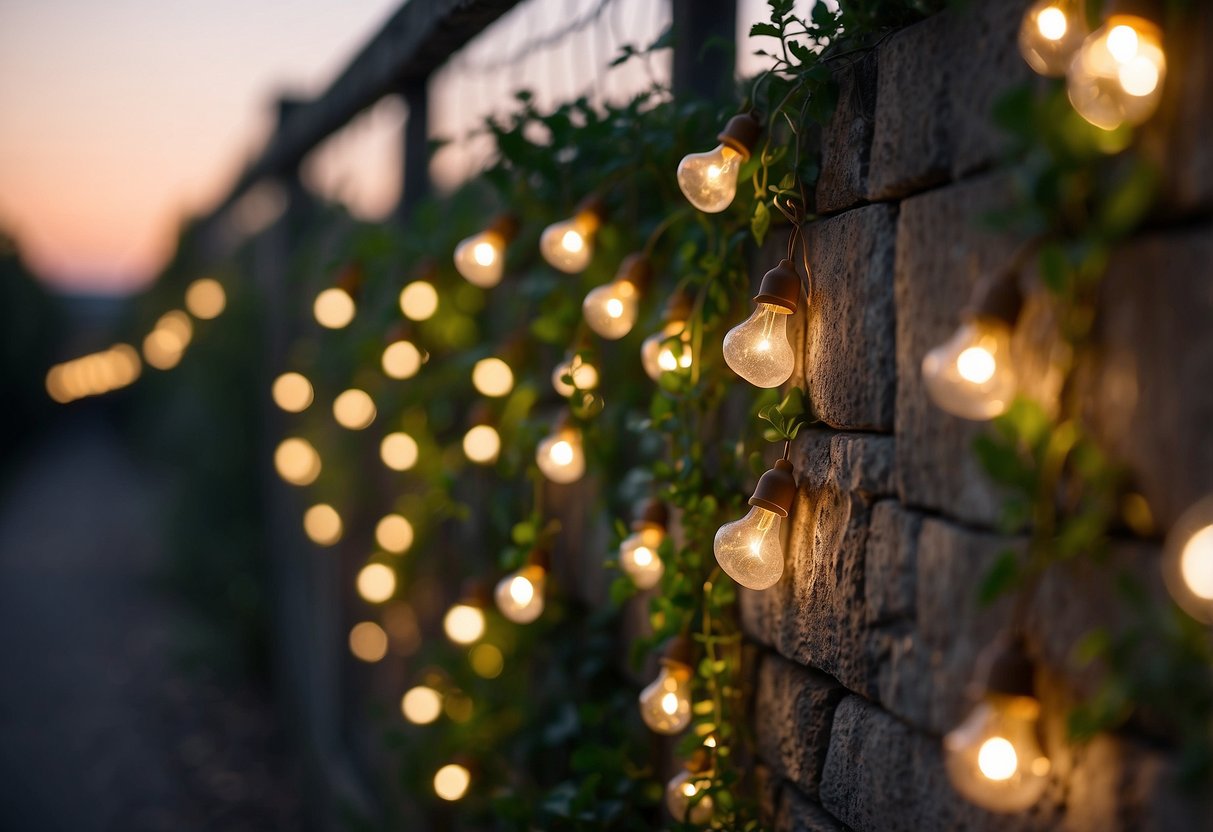 A garden wall adorned with twinkling fairy light strings creates a magical and enchanting atmosphere for a nursery