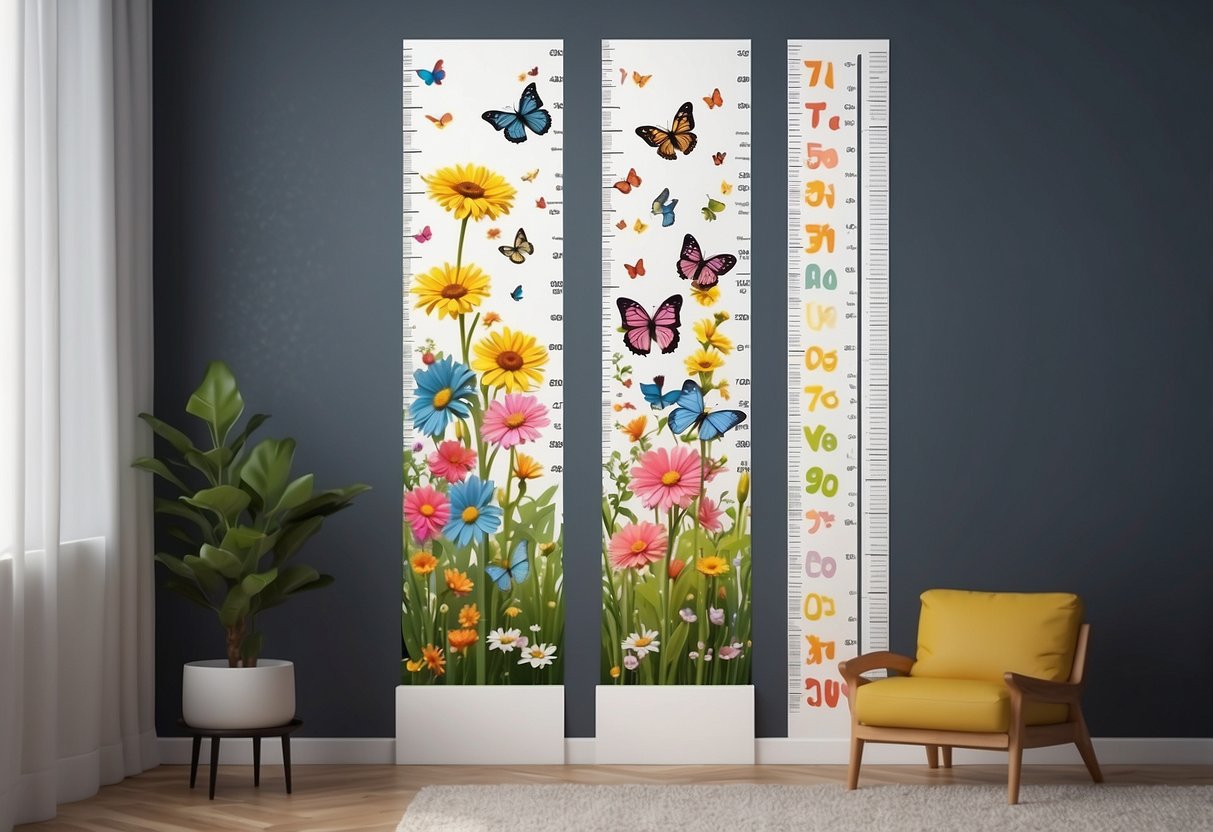 Vibrant garden-themed growth chart decals adorn nursery wall, featuring blooming flowers, fluttering butterflies, and tall, swaying stems