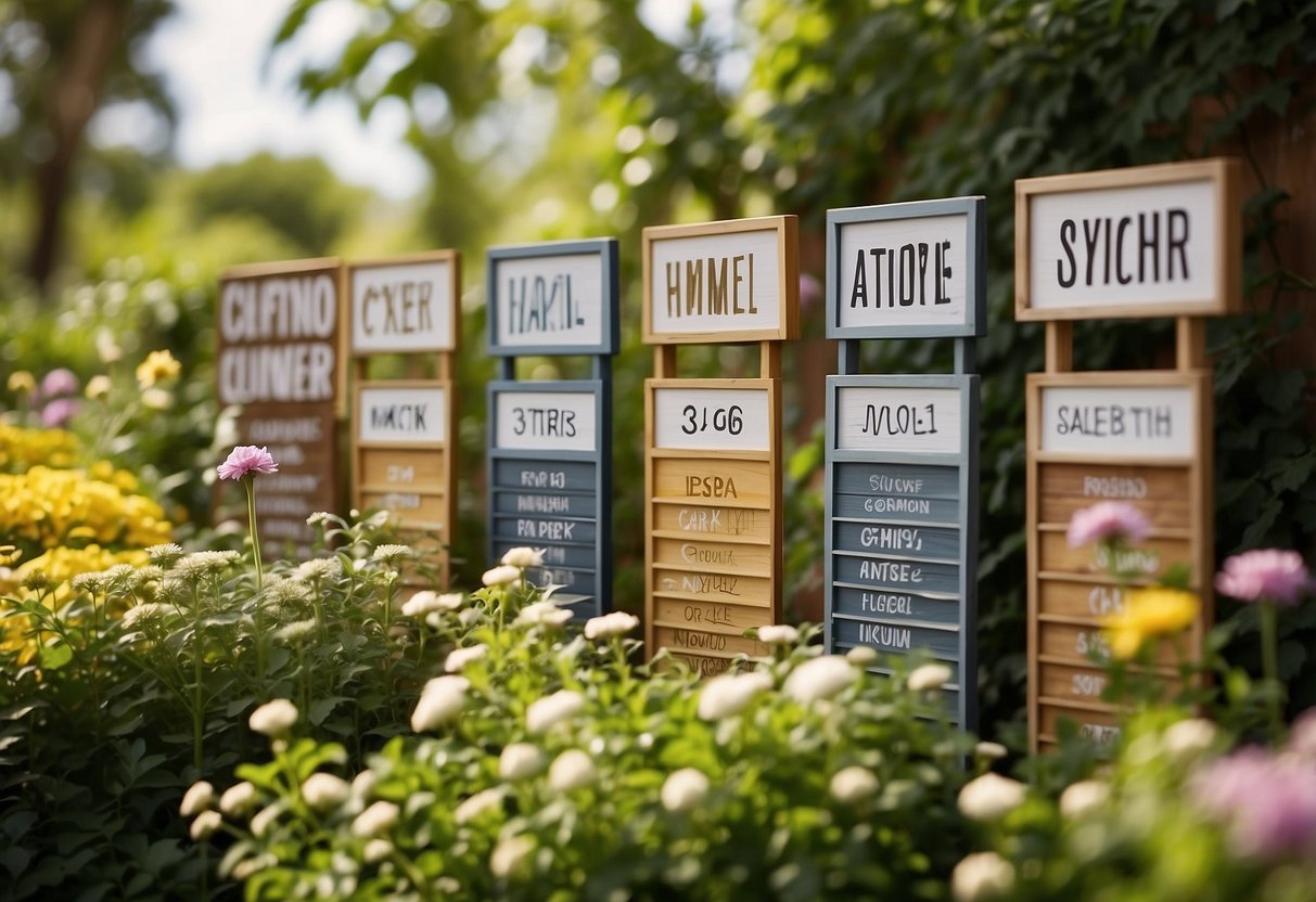 A row of colorful wooden name signs hang on a garden wall, surrounded by blooming flowers and lush greenery