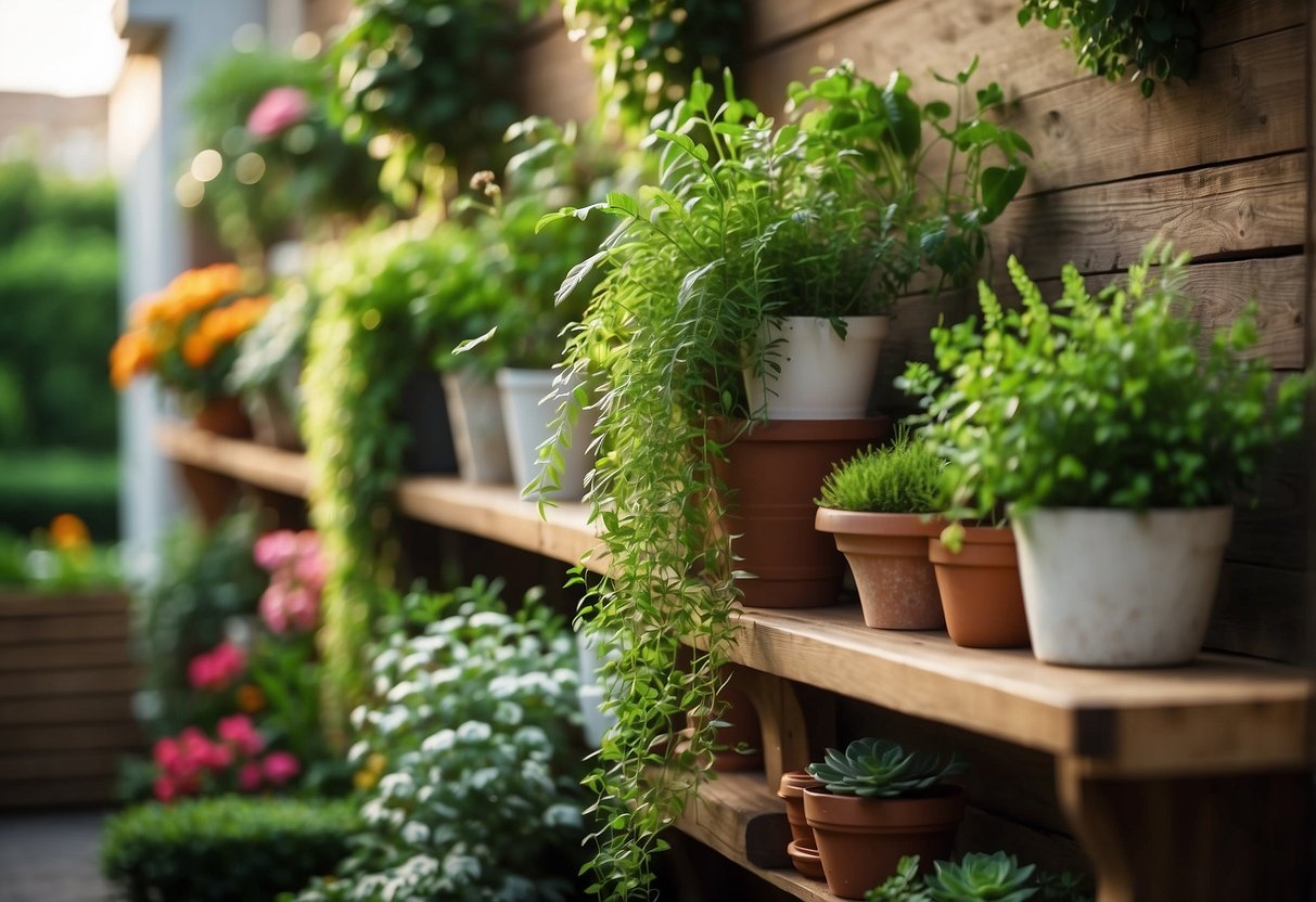 Lush greenery cascades down wooden shelves against a garden wall, with a variety of potted plants and flowers creating a natural and vibrant display