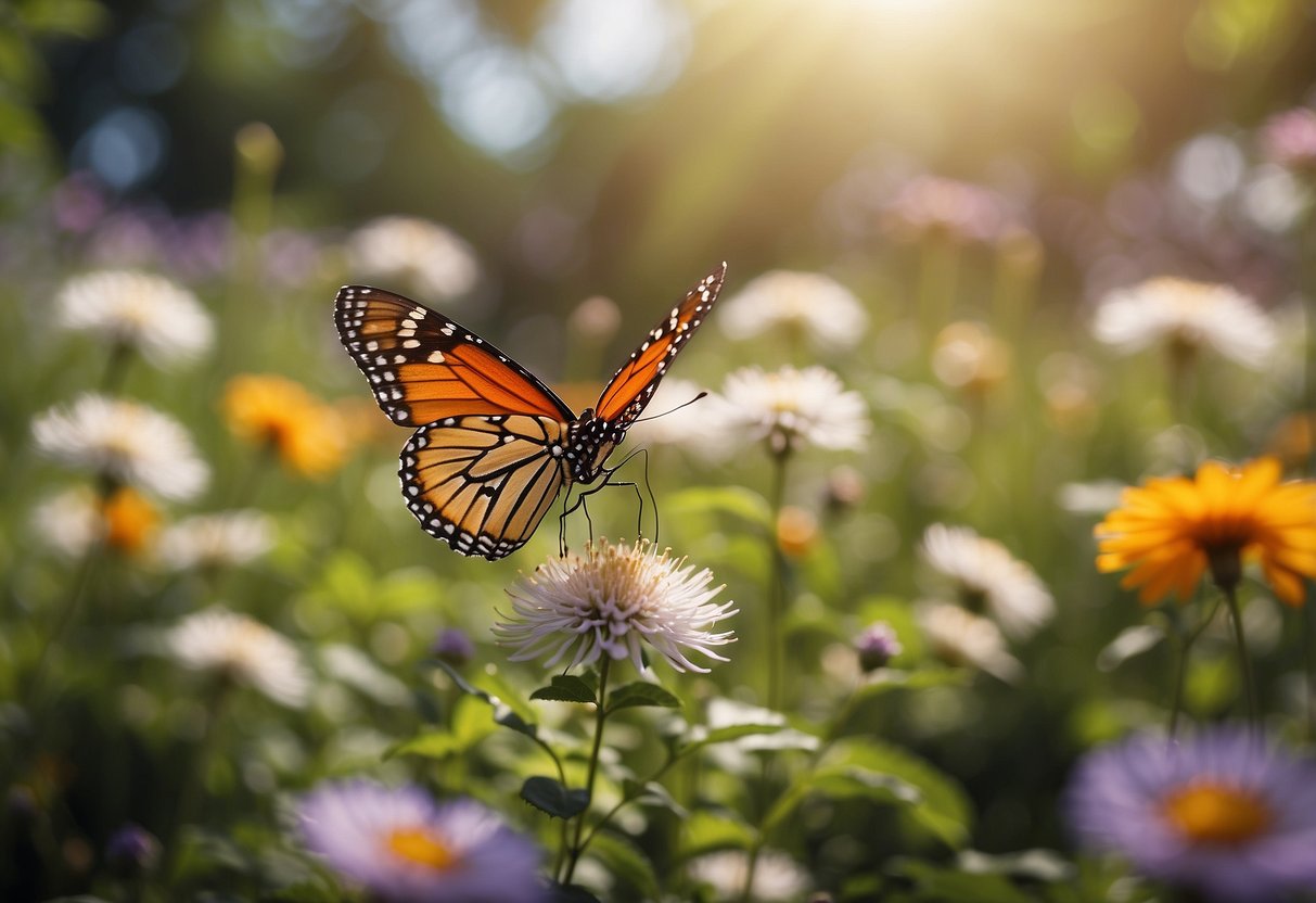 A colorful garden with blooming flowers, green plants, and fluttering butterflies. A gentle breeze rustles the leaves and the sun shines brightly overhead