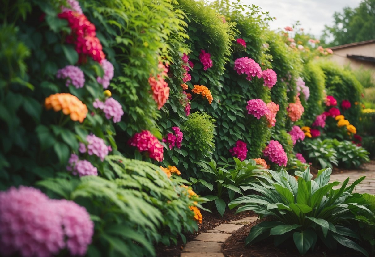 A lush garden wall with vibrant flowers and greenery cascading down, creating a serene and inviting space