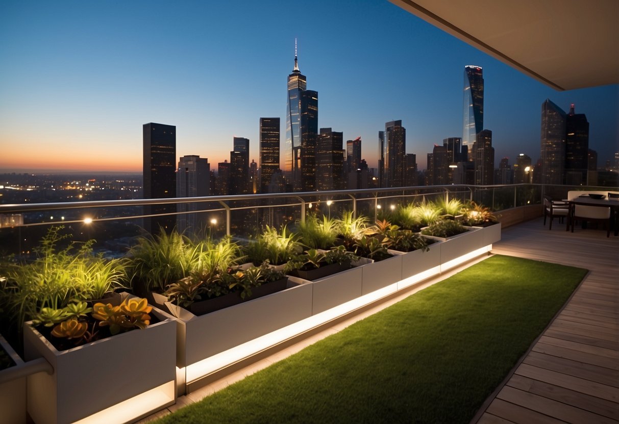 Vibrant, geometric planters line the sleek, minimalist rooftop garden, accented with contemporary furniture and soft lighting. The city skyline provides a stunning backdrop