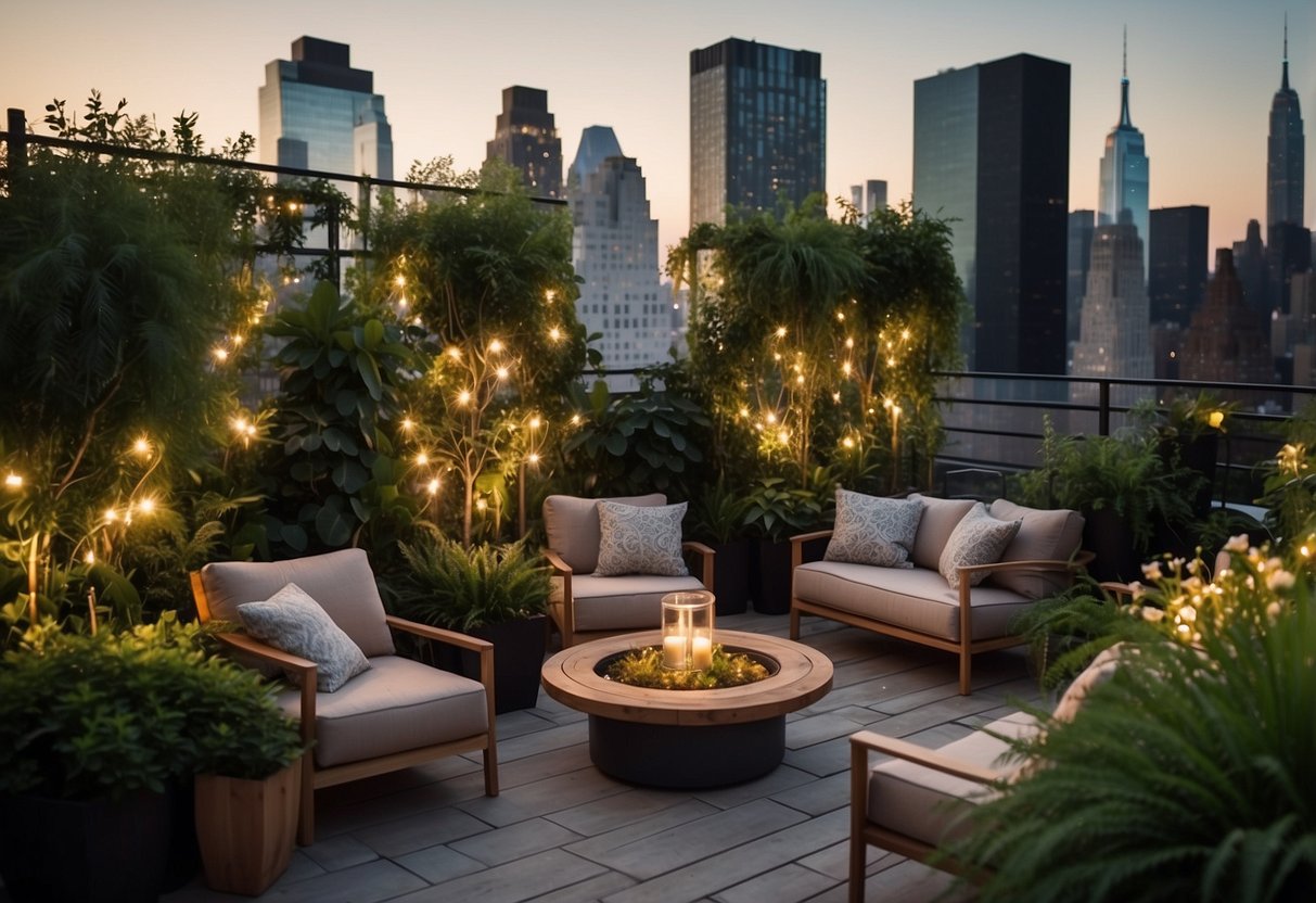 Lush greenery, elegant furniture, and twinkling string lights create a charming atmosphere at the R17 NYC rooftop garden. Guests mingle and enjoy drinks while surrounded by the stunning city skyline