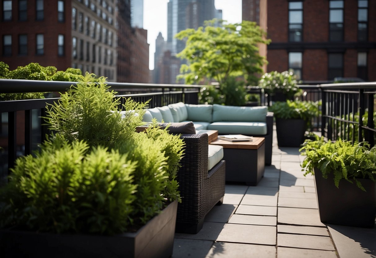 Lush greenery cascades from planters on a NYC rooftop. Lounge chairs and small tables create an urban oasis