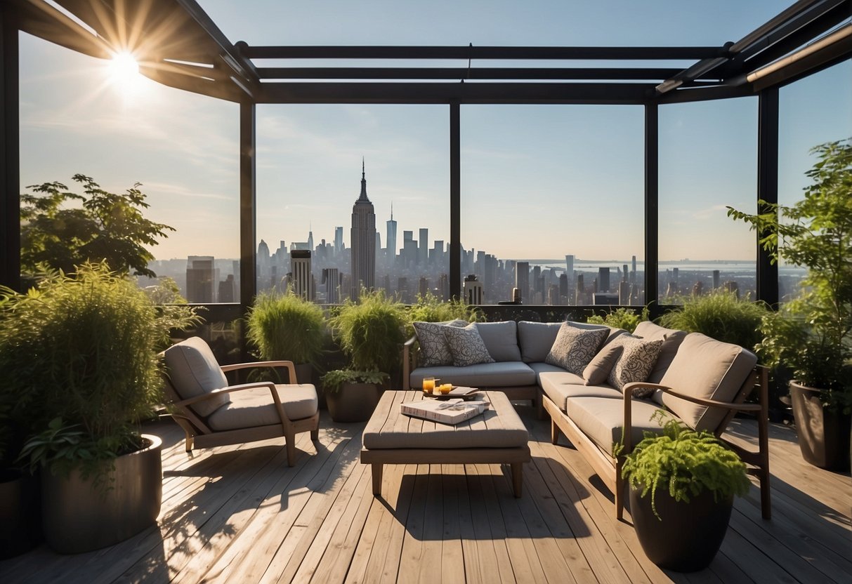 People lounging in modern outdoor furniture, surrounded by lush greenery and city skyline views. A tranquil oasis in the heart of NYC