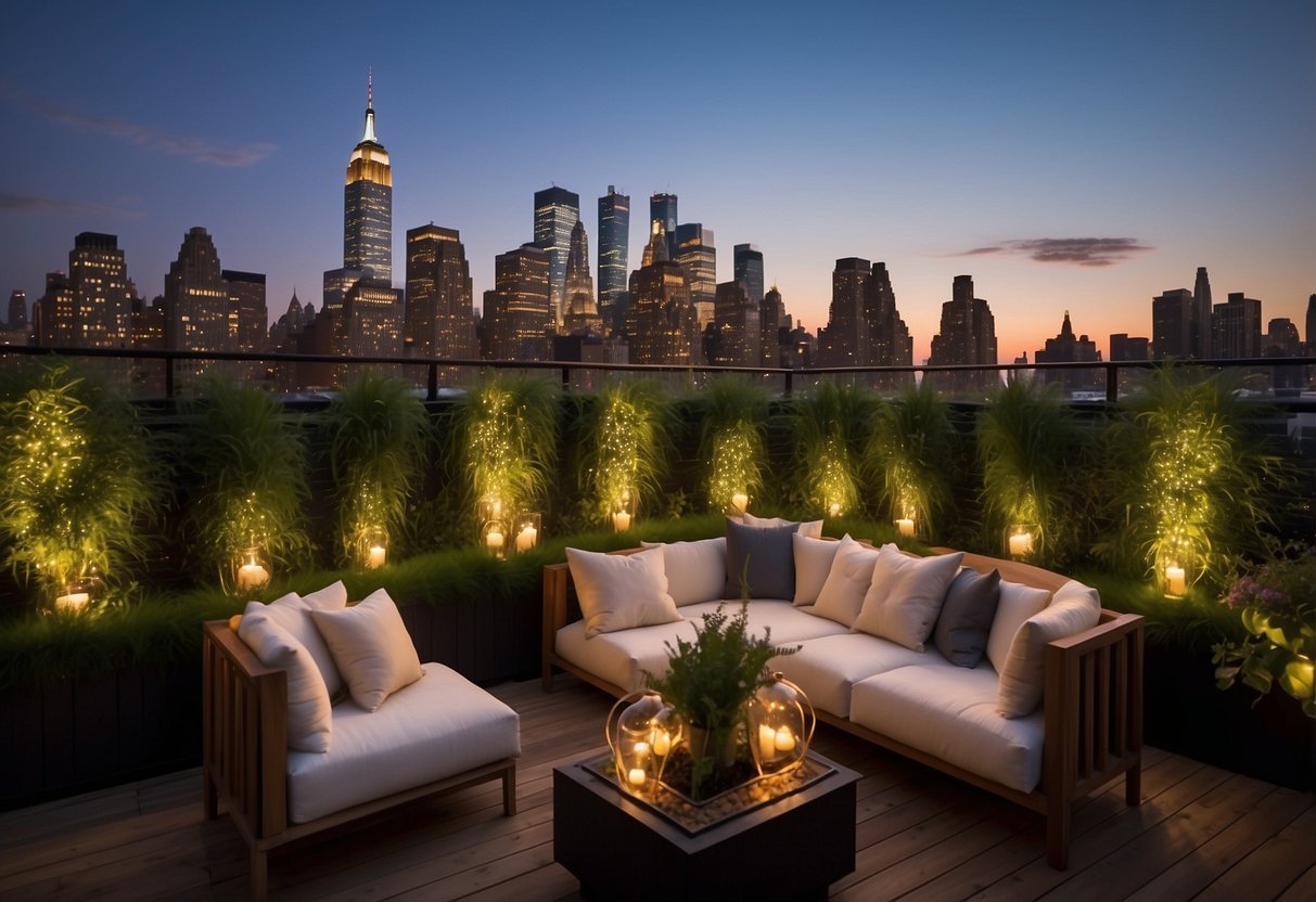 Lush greenery, twinkling lights, and cozy seating create a romantic ambiance at Ophelia Lounge's NYC rooftop garden. Tables are adorned with elegant tableware, and the skyline provides a stunning backdrop