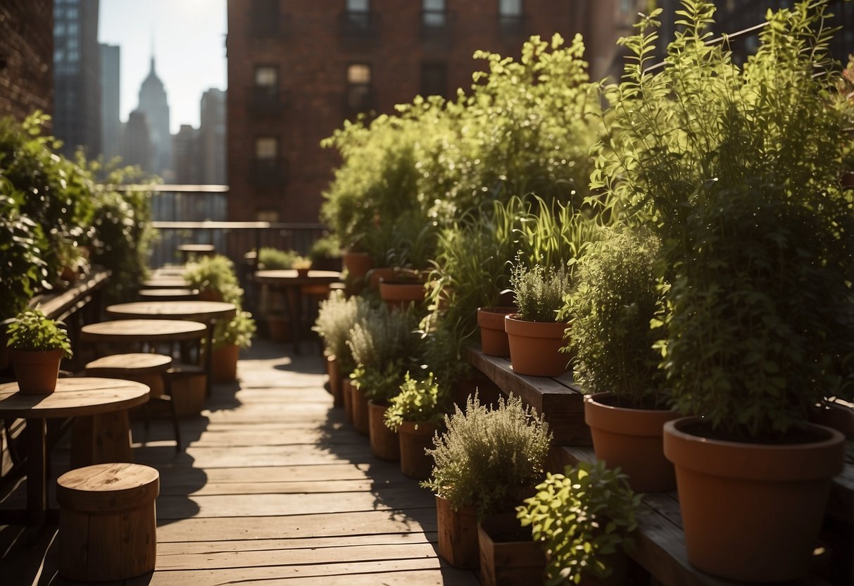 Lush herb garden with terracotta pots, wooden planters, and hanging baskets on Il Buco Alimentari's NYC rooftop. Sunlight filters through the greenery, casting dappled shadows on the rustic wooden tables and chairs