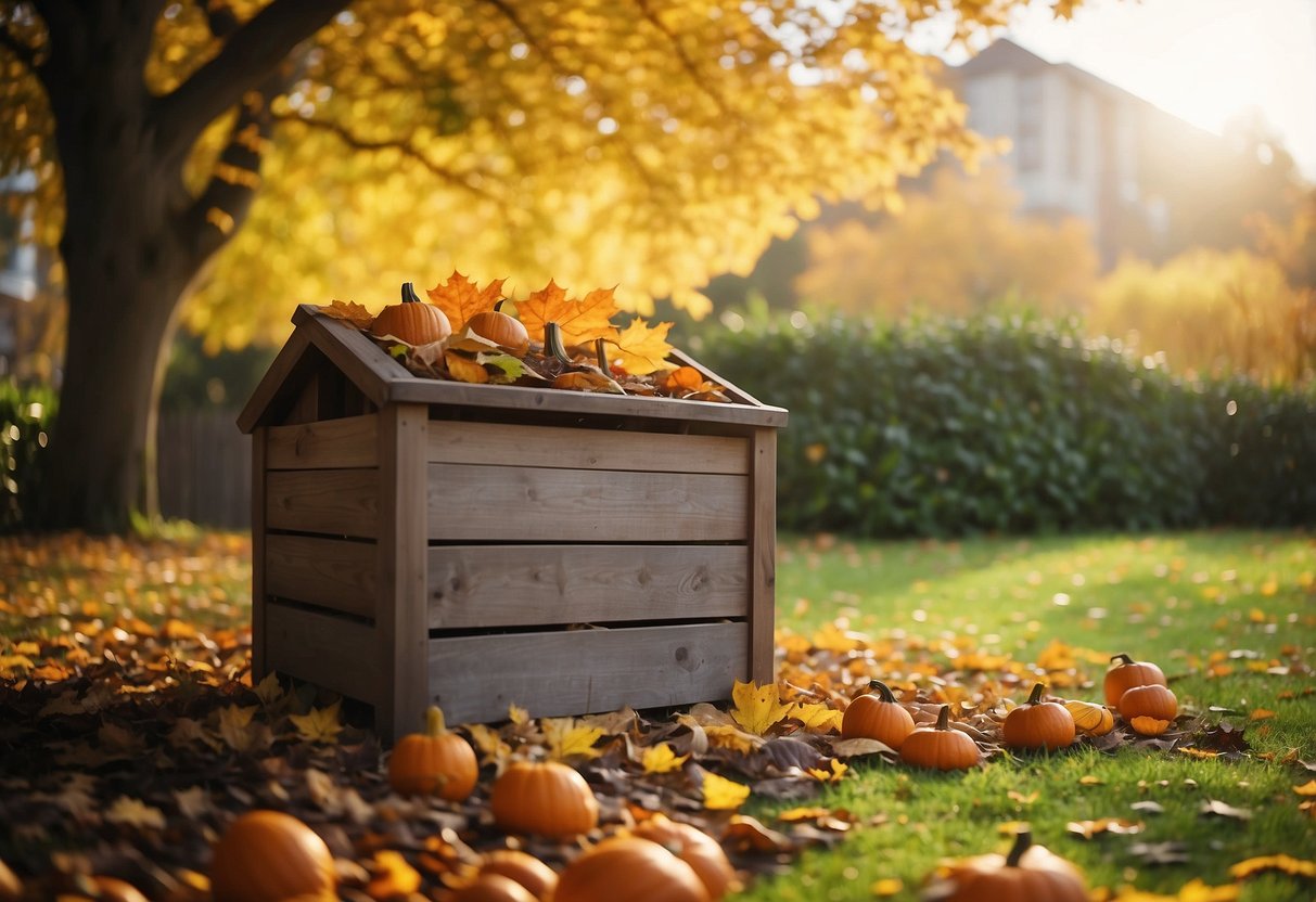 A wooden compost bin sits in a lush garden, surrounded by autumn foliage and colorful pumpkins. Fallen leaves cover the ground, and the sun casts a warm glow over the scene