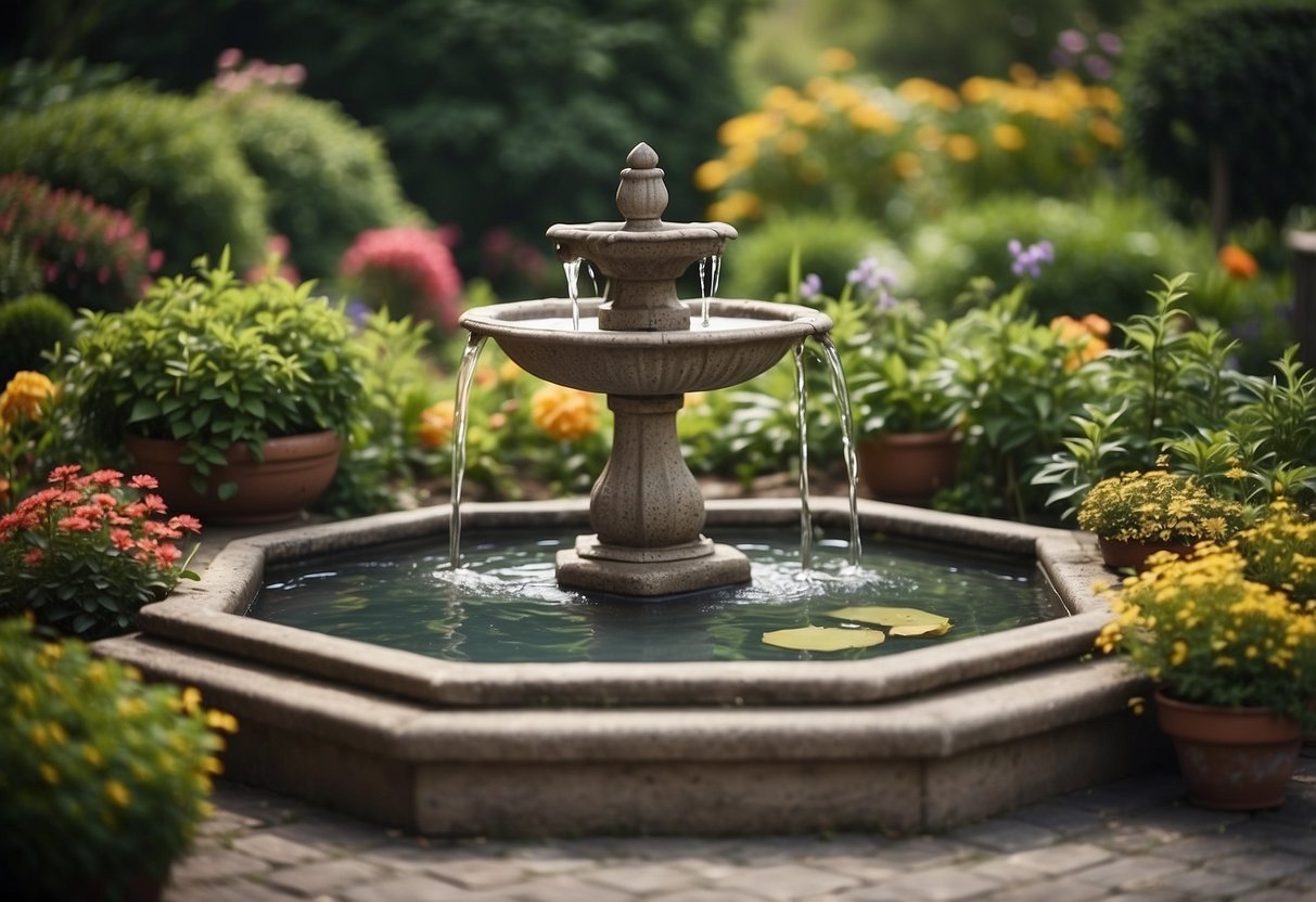 A tranquil water feature with an octagonal basin surrounded by lush greenery and colorful flowers