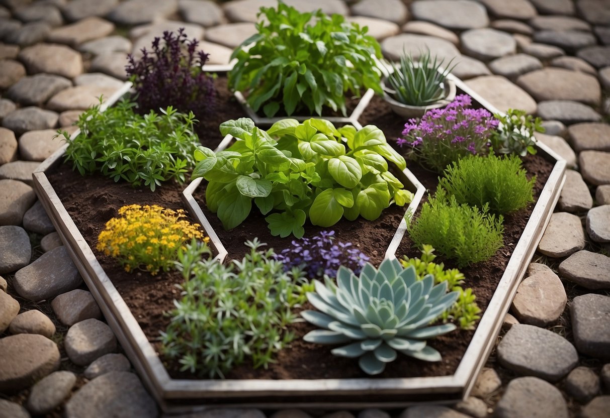 A variety of herbs arranged in an octagon layout, with neat rows and vibrant colors, surrounded by a stone path and decorative border