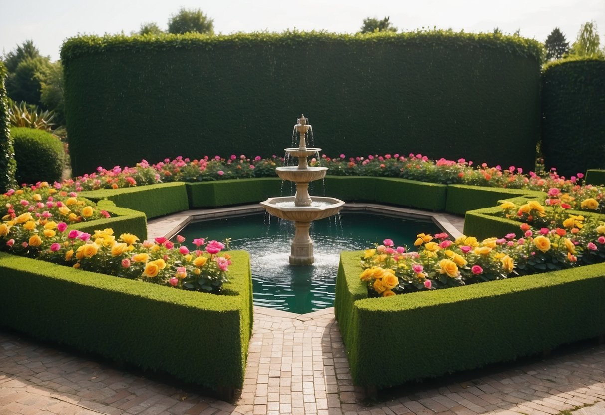 A vibrant octagon-shaped rose garden with neatly trimmed hedges and a central fountain, surrounded by colorful blooms and lush greenery