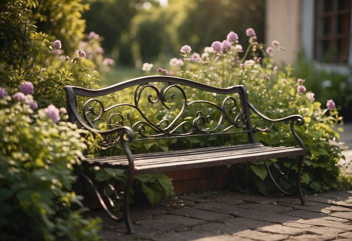 A weathered wrought iron garden bench sits among overgrown flowers and vines in the yard of an old house