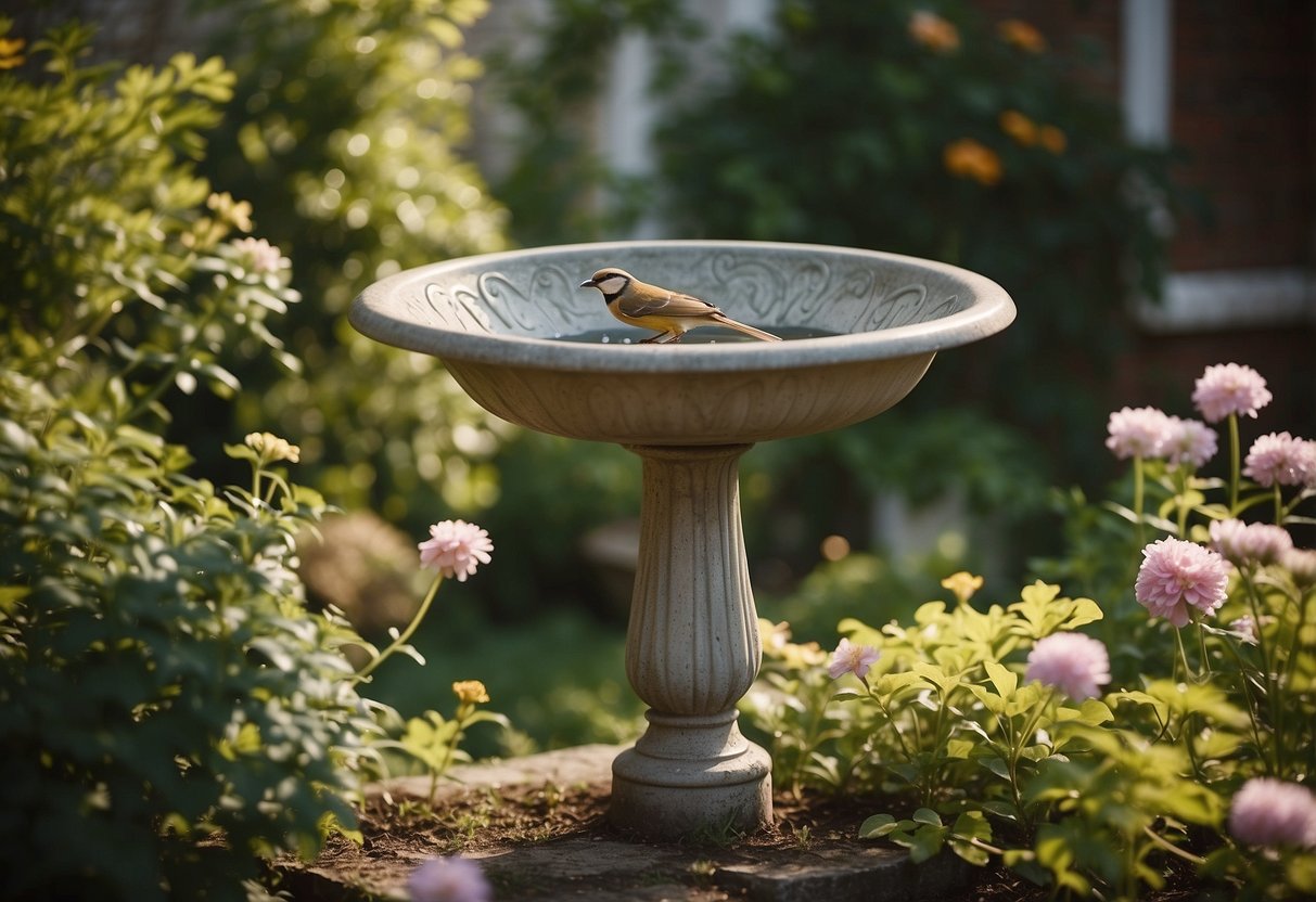 A vintage bird bath stands in a quaint garden of an old house, surrounded by overgrown greenery and flowers