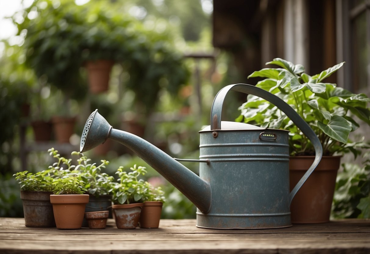 An antique watering can sits on a weathered wooden table surrounded by potted plants and vintage garden tools. A rustic old house serves as the backdrop, with overgrown ivy climbing up the exterior walls