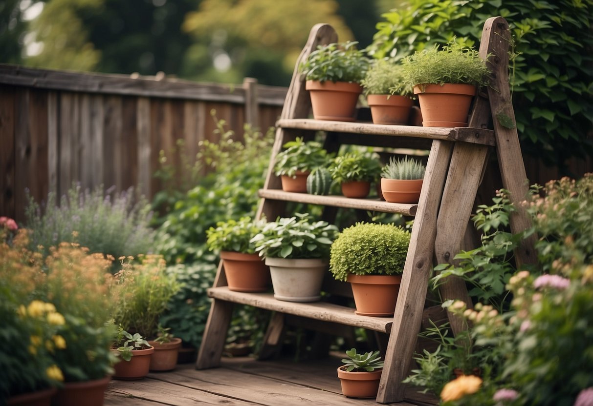 An old wooden ladder repurposed as a plant stand in a quaint garden. Rustic charm and vintage feel. Perfect for an old house garden