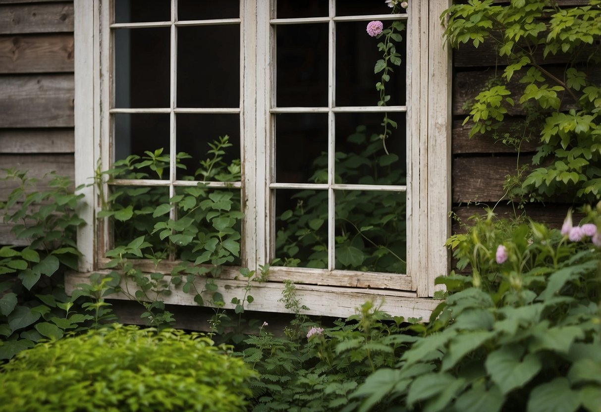 A repurposed window frame serves as a trellis in a lush garden, adding a touch of rustic charm to the old house