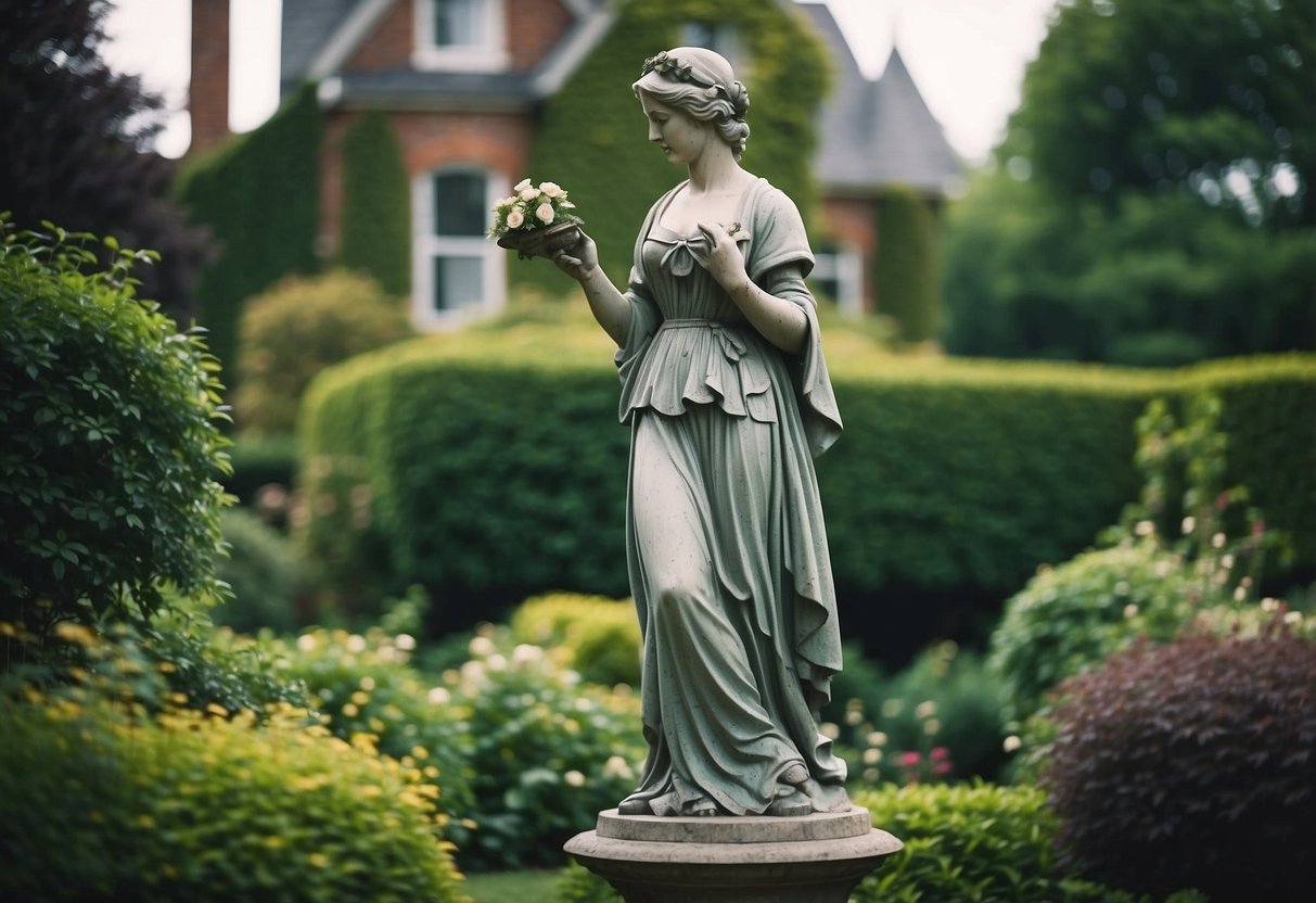 A classic Victorian garden statue stands tall amidst lush greenery in an old house garden, evoking a sense of timeless elegance and charm